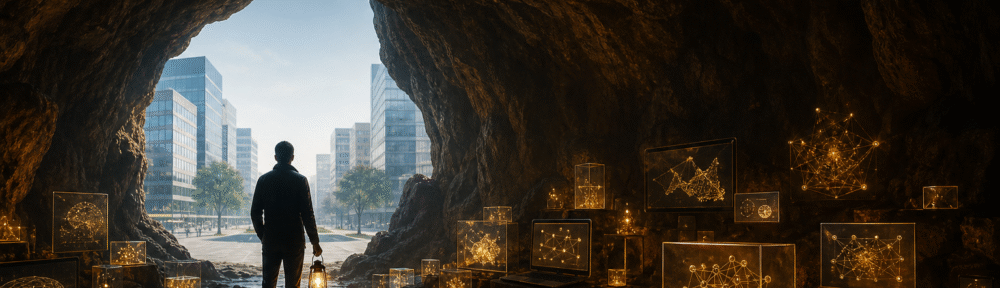 Caverne remplie de prototypes IA lumineux, métaphore des PoC à sortir vers la production