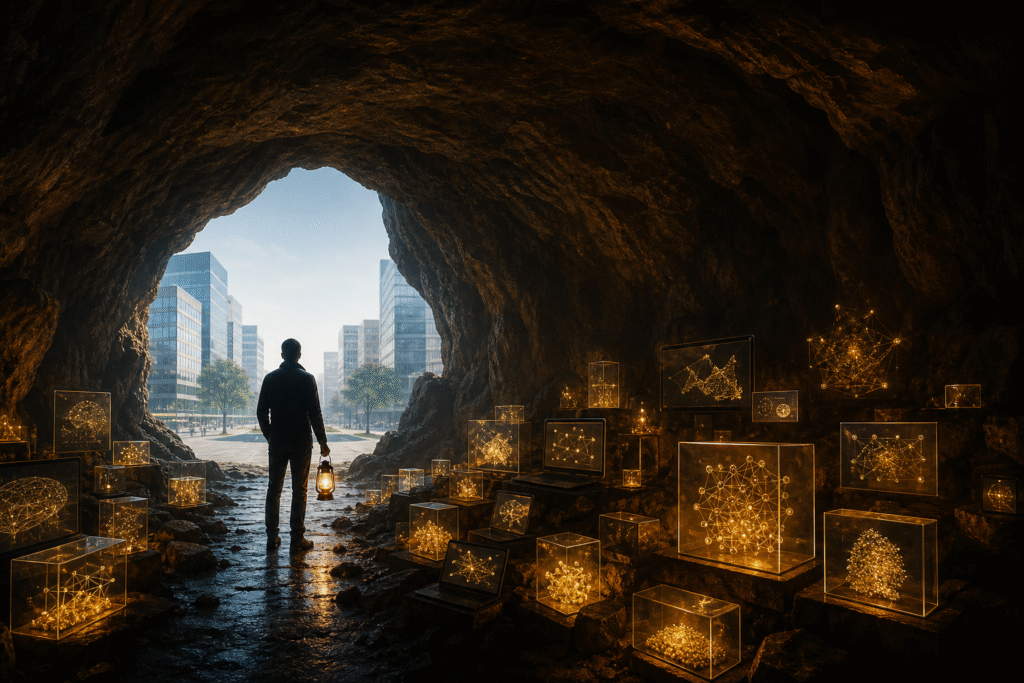 Caverne remplie de prototypes IA lumineux, métaphore des PoC à sortir vers la production