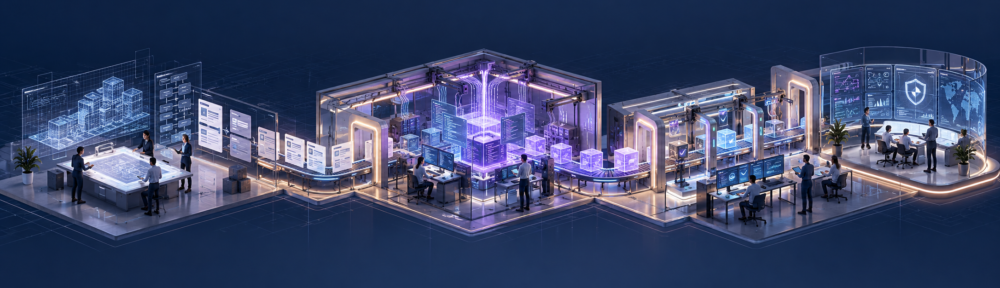 Illustration panoramique d’une usine logicielle à IA reliant planification, génération de code, tests et gouvernance, en bleu nuit et violet.